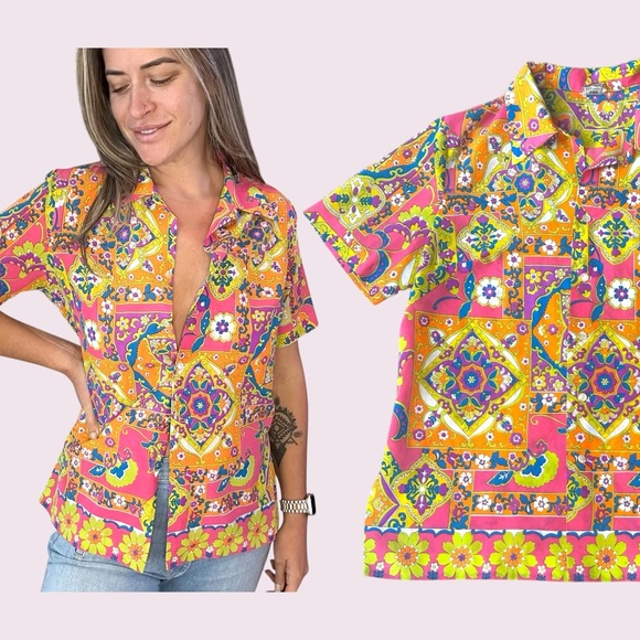 Vintage Tops - Vintage 60s Pykettes Psychedelic Top Button Up Large